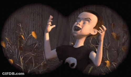 A Cartoon Character With A Skull On His Shirt Is Looking Through Binoculars . GIF