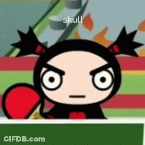 A Cartoon Character With A Skull Written On The Bottom Of Her Head GIF