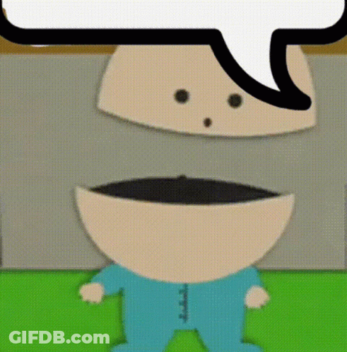 A Cartoon Character With A Speech Bubble Above His Head Is Standing On A Green Field . GIF