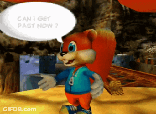 A Cartoon Character With A Speech Bubble Saying Can I Get Past Now GIF
