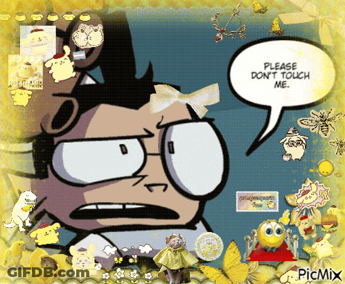 A Cartoon Character With A Speech Bubble That Says Please Don T Touch Me GIF