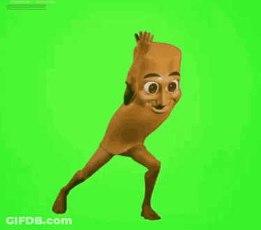 A Cartoon Character With A Stick On His Head Is Dancing On A Green Screen . GIF