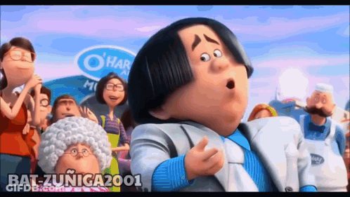 A Cartoon Character With A Surprised Look On His Face Is Standing In Front Of A Crowd Of People GIF