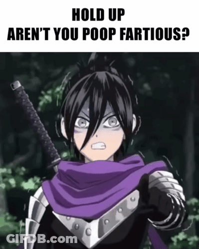 A Cartoon Character With A Sword And A Purple Scarf Says Hold Up Aren 'T You Poop Fartious GIF