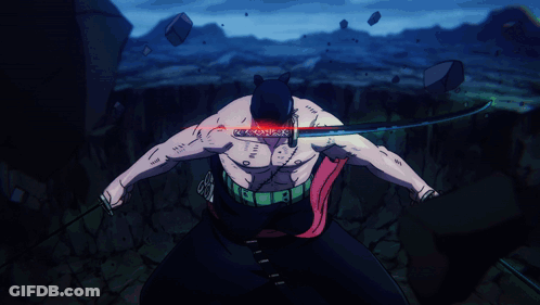 A Cartoon Character With A Sword In His Mouth Has Red Eyes GIF