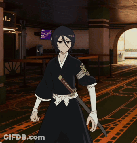 A Cartoon Character With A Sword Stands In A Room GIF