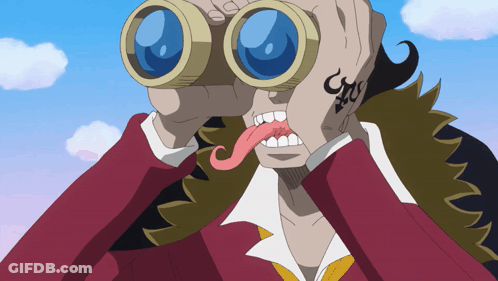 A Cartoon Character With A Tattoo On His Arm Looks Through Binoculars GIF