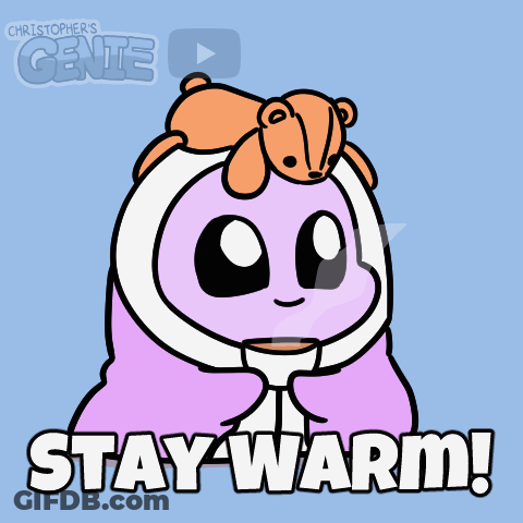 A Cartoon Character With A Teddy Bear On Its Head Says Stay Warm GIF