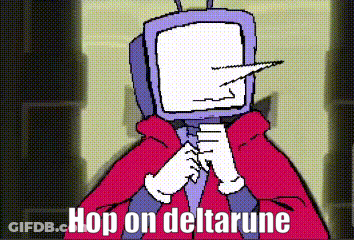 A Cartoon Character With A Television Head And The Words `` Hop On Deltarune '' Written On It . GIF