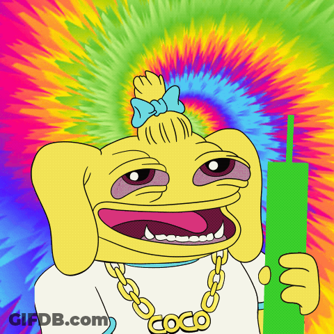 A Cartoon Character With A Tie Dye Background Has A Necklace That Says Coco GIF