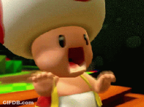 A Cartoon Character With A Toad Hat Is Standing On A Wooden Surface With His Mouth Open GIF