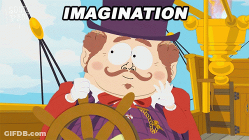 A Cartoon Character With A Top Hat And A Mustache Is Driving A Ship With The Word Imagination Written Above Him GIF