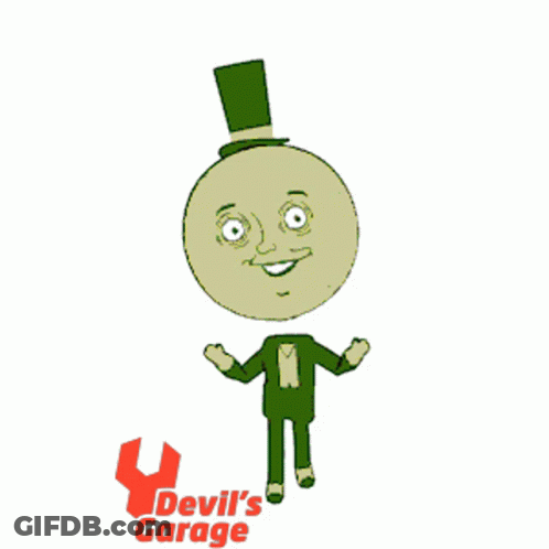 A Cartoon Character With A Top Hat And Devil 'S Garage Logo GIF