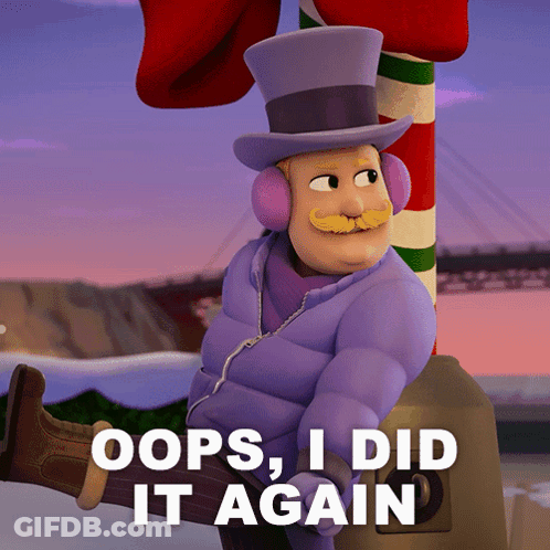 A Cartoon Character With A Top Hat And Ear Warmers Says " Oops I Did It Again " GIF