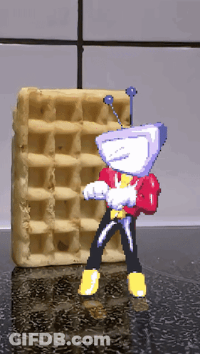 A Cartoon Character With A Tv Head Standing Next To A Waffle GIF