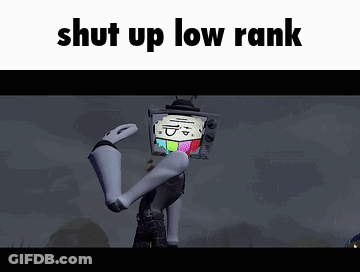 A Cartoon Character With A TV On His Head And The Words `` Shut Up Low Rank '' Written Above It . GIF