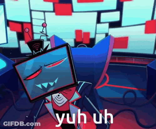 A Cartoon Character With A Tv On His Head And The Words Yuh Uh Below Him GIF