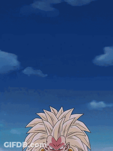 A Cartoon Character With A Very Long Hair Stands In Front Of A Blue Sky With Clouds GIF