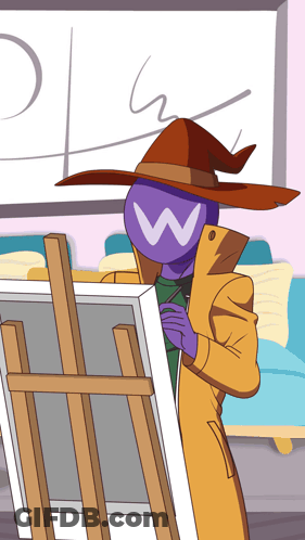 A Cartoon Character With A W On His Face Is Standing In Front Of An Easel GIF