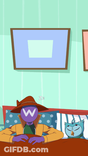 A Cartoon Character With A W On His Face Sleeping Next To A Cat GIF