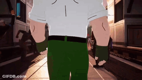 A Cartoon Character With A White Shirt And Green Pants Is Walking Down A Sidewalk . GIF