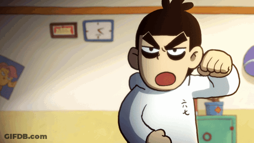 A Cartoon Character With A White Shirt That Says ' 六七 ' On It GIF