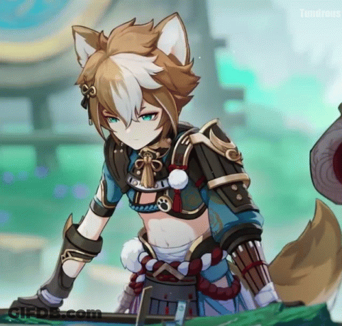 A Cartoon Character With A Wolf 'S Ears And A Sword With The Word Lunarous On The Bottom GIF