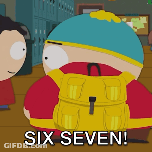 A Cartoon Character With A Yellow Backpack And The Words Six Seven On The Bottom GIF
