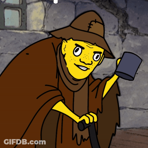 A Cartoon Character With A Yellow Face And A Brown Hat GIF