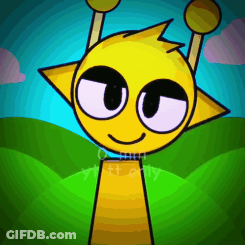 A Cartoon Character With A Yellow Face And Purple Eyes Is Standing In A Field With A Blue Sky In The Background GIF