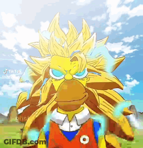 A Cartoon Character With A Yellow Hair And A Red Shirt Is Standing In A Field With A Blue Sky In The Background . GIF