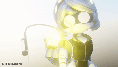 A Cartoon Character With A Yellow Light Coming Out Of Her Eyes GIF