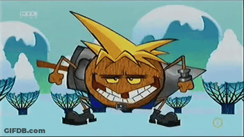 A Cartoon Character With A Yellow Mohawk And A Sword Has A Bbc Logo In The Corner GIF