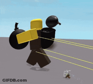 A Cartoon Character With A Yellow Shirt And A Black Bomb On His Back Is Being Attacked By A Robot GIF