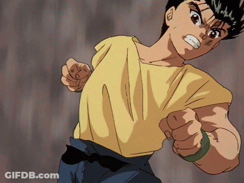 A Cartoon Character With A Yellow Shirt And Black Belt Is Making A Fist GIF
