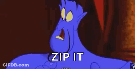 A Cartoon Character With A Zipper In His Mouth And The Words `` Zip It '' . GIF