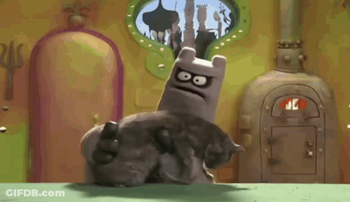 A Cartoon Character With An Angry Face Is Holding A Cat On Its Back . GIF