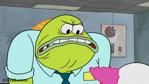 A Cartoon Character With An Angry Look On His Face In Front Of A Poster With A Pie Chart On It GIF