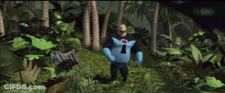 A Cartoon Character With An I On His Chest Stands In A Jungle GIF