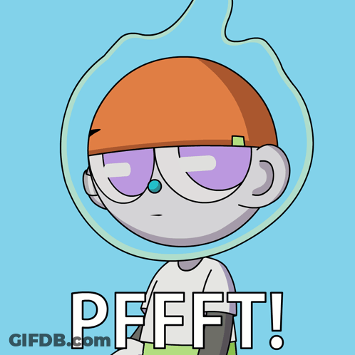 A Cartoon Character With An Orange Hat And The Words Pffft GIF