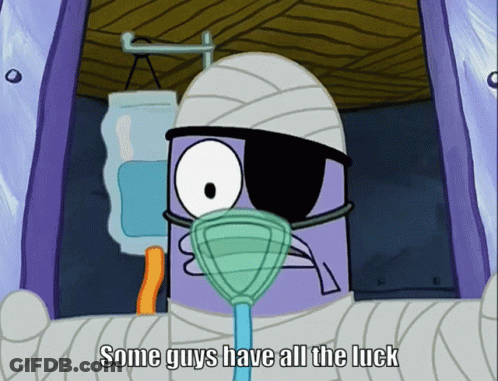 A Cartoon Character With Bandages On His Head And The Words " Some Guys Have All The Luck " GIF