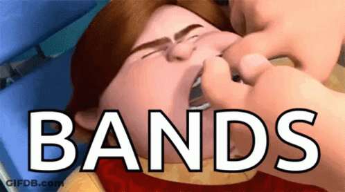 A Cartoon Character With Bands Written On His Face GIF