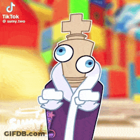 A Cartoon Character With Big Eyes And A Cross On His Head Is Wearing A Robe . GIF