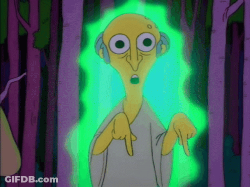 A Cartoon Character With Big Eyes And A Green Light Behind Him GIF