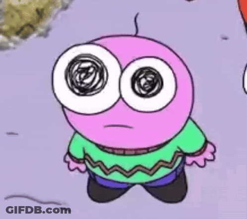 A Cartoon Character With Big Eyes And A Green Sweater Is Standing On A Purple Surface . GIF