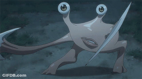 A Cartoon Character With Big Eyes And A Long Tail Is Standing On The Ground GIF