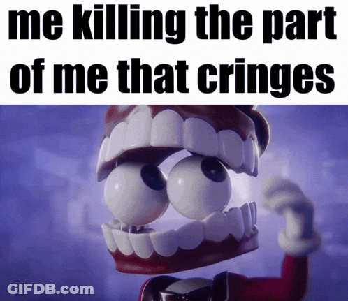 A Cartoon Character With Big Eyes And A Mouth That Says Me Killing The Part Of Me That Crings GIF