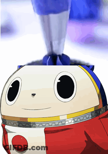 A Cartoon Character With Big Eyes And A Red And White Coat GIF