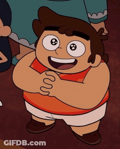 A Cartoon Character With Big Eyes And A Red Shirt GIF