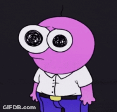 A Cartoon Character With Big Eyes And A White Shirt Is Standing In The Dark . GIF